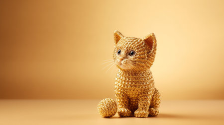 a golden teddy bear-shaped kitty kitten stands next to a shiny golden surface. this adorable sculpture, created with meticulous pointillist precision using beads and yarn, showcases the artist's expertise in object portraiture. the spherical sculpture features a cute and whimsical design, reminiscent of classic still-life paintings, capturing the charm of cartoonish cats. ai generatedの素材