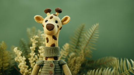 a giraffe wearing a knitted sweater stands against a vibrant green background. this adorable toy-like sculpture, reminiscent of soft-focus portraits, captures the essence of wiesaw wakuski's art. the dark beige and amber tones create a warm and inviting atmosphere, while the concept of "junglepunk" adds a unique twist. this uhd image is reminiscent of the works of charles spencelayh. ai generatedの素材
