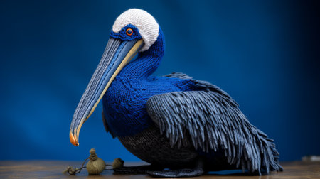 a blue pelican perched inside a knitted and crocheted blue and grey crate. this ultra macro uhd image captures the intricate details of the pelican's feathers and the texture of the crate. inspired by the hyperrealism style of pieter claesz and edward poynter, this photograph by wiesaw wakuski showcases the stunning beauty of nature. ai generatedの素材