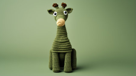 the green crocheted giraffe is showcased on a vibrant green background, capturing the essence of object portraiture. with its muted, earthy tones, this uhd image on flickr highlights the toy-like proportions of the giraffe. the dark beige and navy colors add depth to the digitally enhanced photo. ai generatedの素材