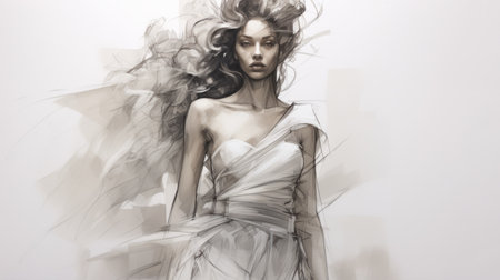 a sketch of a beautiful dress is depicted in the background of this artwork. the style of the sketch features fluid dynamic brushwork, with a combination of dark white and light gray tones. the captivating portraits in the foreground showcase a unique blend of mythological realism. the wrapped, iconic, and twisted characters add an intriguing element to the composition. ai generatedの素材