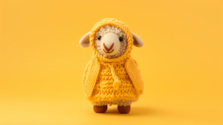 a small wooden stuffed animal wearing a yellow hood is captured in this photo with a lensbaby effect. the toy is knitted and crocheted, showcasing its realistic and detailed rendering. the monochromatic color schemes add to the overall aesthetic, while the use of fujifilm velvia enhances the traditional costumes. the soft lines and shapes further enhance the charm of this adorable creation. ai generatedの素材