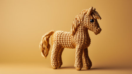 a small, knit horse stands in the light, showcasing intricate gold-colored patterns. this unique creation by john wilhelm combines code-based techniques with the artistry of shaped canvas and object portraiture. the high-resolution image captures the fine details of this captivating piece. ai generatedの素材