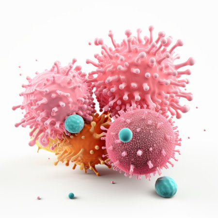 coronavirus on a white background with a pink and blue symbol, resembling spiky mounds. the artwork, created by mike campau, showcases precise hyperrealism with detailed still lifes. the image features a low resolution and incorporates light emerald and orange tones. this kimoicore-inspired piece captures the essence of the coronavirus in a visually striking manner. ai generatedの素材