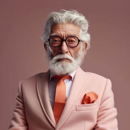 an elderly man in a pink suit and tie, holding a tie, is captured in this bold fashion photography. the style of the image is reminiscent of zbrush, with a minimalist palette of white and orange. the portraitures in this photo carry hidden meanings, and the colorization adds an optical element to the overall composition. ai generatedの素材