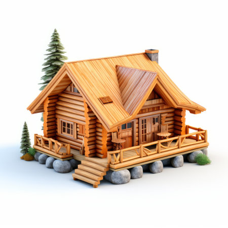 a 3d model of a white log cabin surrounded by trees on the ground. the cabin is designed in an isolated figure style with distinctive character design, emphasizing the joints and connections. the color palette includes light brown and orange tones, resembling realistic oil paintings. the wood grains on the cabin exhibit a variety of textures. this photo can be found on flickr. ai generatedの素材