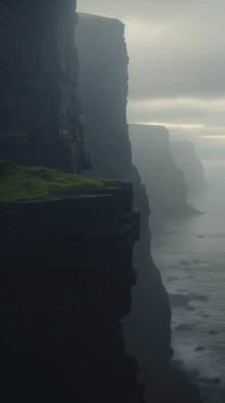 a cliff of a mountain overlooking the ocean, captured in a stunning matte painting style by david brayne. this atmospheric portrait showcases the breathtaking beauty of nature, with a low depth of field highlighting the details. the color palette features a mix of light green and dark gray, creating a captivating gorpcore aesthetic. available in 32k uhd resolution. ai generatedの素材