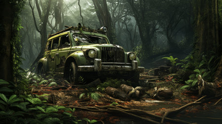 a green jeep is seen parked in a forest surrounded by lush bushes and towering trees. the image showcases a realistic and hyper-detailed rendering, reminiscent of ghostcore and decaying landscapes. influenced by indonesian art, the scene captures the essence of classical and historical genre scenes. the use of chiaroscuro adds depth and drama to the portraitures. ai generatedの素材