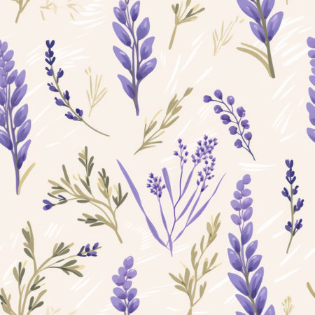 a purple lavender seamless pattern featuring detailed botanical studies of flowers. the pattern incorporates blue and beige colors with flat brushwork, capturing the essence of european symbolism. the design showcases realistic and naturalistic textures, created with free brushwork techniques. this stunning pattern is reminiscent of the iconic ferrania p30 film. ai generatedの素材