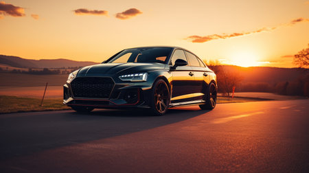 a black audi rs is parked on a road, surrounded by richly colored skies and sunrays shining upon it. the image captures the essence of wealthy portraiture with its traditional techniques reimagined. the car's dark bronze and orange tones exude elegance, while its eco-friendly craftsmanship adds a touch of sophistication to the scene. ai generatedの素材