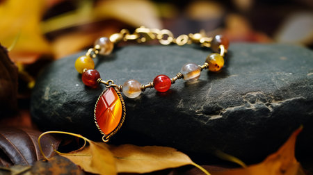 a necklace adorned with leaves, gemstone, and gold rests gracefully on a rock. this captivating piece, captured in the style of edward poynter, features a color palette of dark yellow and dark orange. the soft focus adds a touch of elegance, while the combination of dark yellow and light red, light gray and light amber, creates a harmonious contrast. the smooth and curved lines ofの素材