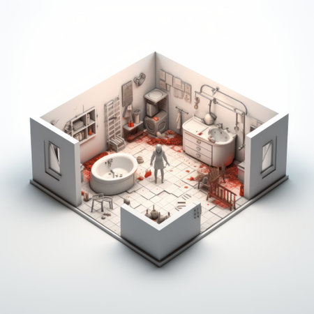a room with detailed character design and scientific subjects, rendered in cinema4d. the walls are a combination of dark white and light red, creating a clean and playful atmosphere. the room features darkroom printing and visually engaging puzzles. ai generatedの素材