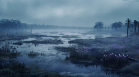 a mesmerizing wallpaper featuring a mystical rainforest with waterfalls, swamplands, and coastal scenes. the delicately rendered dutch landscapes are enhanced by a dark sky-blue and dark violet color palette, creating a serene and mystical atmosphere. this photobashing masterpiece showcases serene pastoral scenes and mystical creatures, making it a captivating addition to any space. ai generatedの素材