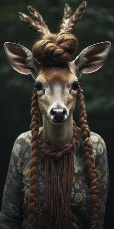 a girl with a crouched face poses with antlers, showcasing a unique blend of cultural hybridity. this realistic animal portrait, reminiscent of national geographic photos, features knitted and crocheted elements. influenced by zen buddhism, the image captures the allure of a mysterious jungle with meticulous attention to detail. ai generatedの素材