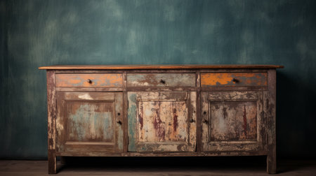 an old cupboard, with its rustic materiality, stands in front of a painted wall adorned with moody colors. the tabletop photography captures the richly colored and distressed materials of the cupboard, creating a motion blur panorama. this piece showcases the eco-friendly craftsmanship and timeless charm of vintage furniture. ai generatedの素材