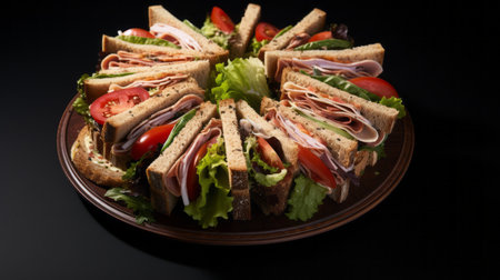 sandwich on platter with lettuce and tomatoes - black background, group f64, multiple styles, light crimson and light brown, striped arrangements, joints connections - elegantly formal. ai generatedの素材