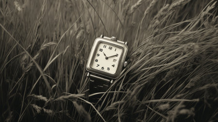 an old clock, reminiscent of the hasselblad 1600f style, sits amidst tall grass. the escher-inspired design adds a touch of artistic flair to the clean and sharp inking. the pensive stillness of the scene is enhanced by the rectangular fields surrounding the clock. the farm security administration aesthetics give the image a humble charm. ai generatedの素材