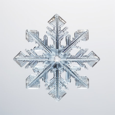 a snowflake, with balanced symmetry and intricate detail, rests inside a clear glass on a white background. this photograph captures the beauty of inclement weather, showcasing the radiant clusters and symmetrical figures of the delicate icepunk formation. the image highlights the blink-and-you-miss-it details found on the surface of the snowflake. ai generatedの素材