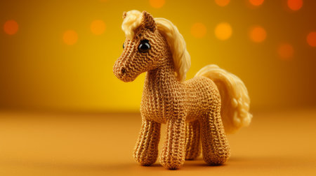 a little toy horse on a yellow background, showcasing intricate weaving, vray tracing, and a knitted and crocheted style. the horse is adorned with light gold and light amber colors, featuring shiny eyes. the image has a low depth of field, resulting in a visually stunning and detailed uhd photograph. ai generatedの素材