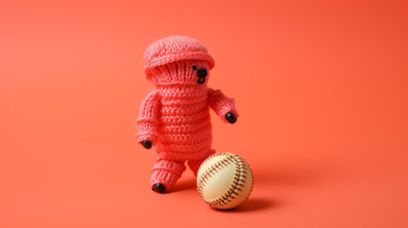 a knit toy of a ball player dressed in baseball gear, showcasing a minimalistic surrealism style. the toy features vibrant colors, with a combination of light pink and dark orange hues. the artist's mastery of monochromatic infrared tones adds a touch of surrealism to the piece. the toy's ivory accents complete the overall aesthetic. ai generatedの素材