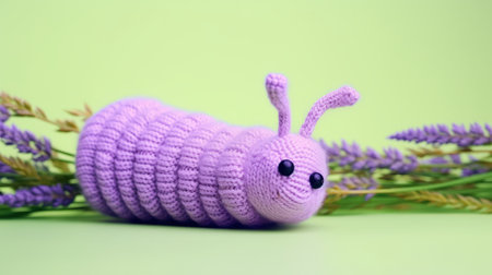 a knitted miniature butterfly larva is seen in the garden, showcasing a light purple color. the design is inspired by witty and clever cartoons, incorporating elements of snailcore and sleepycore. this creative commons attribution photo captures the intricate details of the knitted larva, with a matte finish that enhances its charm. the composition follows the artistic style of figura serpentinata. ai generatedの素材