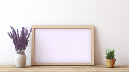 a sleek and modern lavender frame mockup is elegantly displayed on a wooden table. the minimal-style design adds a touch of sophistication to any space. ai generatedの素材