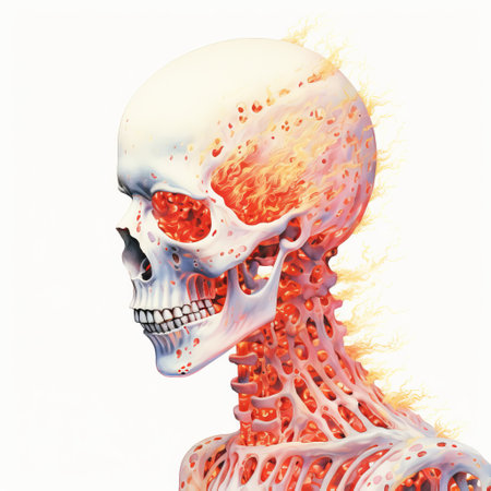 a hyper-detailed rendering of a skeleton with fire engulfing its face. the realistic depiction showcases vibrant shades of light red and yellow, creating a visually striking image. the use of kinetic pointillism adds depth and movement to the artwork. this editorial illustration skillfully combines realistic renderings of the human form with strong facial expressions, while incorporating elements of molecular structures. ai generatedの素材