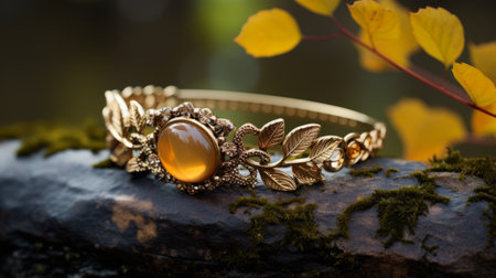 an orange and yellow stone bangle rests gracefully on a wooden surface, exuding the ethereal beauty of edwardian style. the bangle showcases intricate foliage details, reminiscent of highly detailed gemstone designs. the enchanting lighting enhances the ornate detailing, creating a captivating and mesmerizing piece. ai generatedの素材