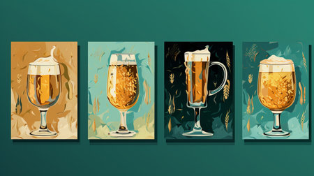a set of four beer vector illustrations, featuring a dark teal and light gold color scheme. these collage-style paintings are made of glass and depict still life scenes with nature-inspired imagery. the artworks are created using caffenol developing and traditional oil painting techniques. ai generatedの素材