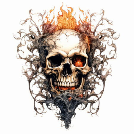 skull flames on white background design featuring a hauntingly beautiful illustration of twisted branches and ornate details. this uhd image showcases a realistic hyper-detailed portrait with a touch of mechanical realism, making it a perfect addition to your web or conceptual embroideries. ai generatedの素材