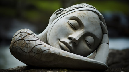 a stone sculpture of a sleeping man, captured with a nikon d750 camera by arthur hughes. this artwork showcases the style of geisha portraiture and draws inspiration from dayak art. the photograph, taken by sophie wilkins, beautifully captures the depth of field, creating a sense of transcendental dreaming. ai generatedの素材