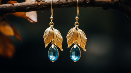 blue sapphire and gold colored dangling earrings hang delicately from a tree branch, showcasing intricate foliage details. this tabletop photograph captures the essence of traditional vietnamese style, with a beautiful combination of light cyan, hinchel or, light amber, and cyan hues. the earrings exude an elegant and captivating charm, complemented by the touch of light gold. ai generatedの素材