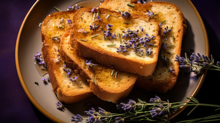 a delicious and nutritious pancake recipe topped with lavender icing is beautifully presented on a white plate. this high-resolution image by stephen shortridge captures the delicate floral aesthetic, with its light amber tones and vibrant composition. the distinct framing adds a touch of domestic intimacy to this lively culinary scene. ai generatedの素材