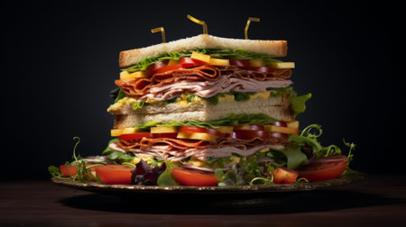 a stack of sandwiches, featuring fresh lettuce, juicy tomatoes, and flavorful onions, is captured in a stunning photograph. the image showcases a realistic chiaroscuro lighting technique, with precisionist lines, reminiscent of a national geographic photo. this high-quality, bold, and colorful large-scale image embodies the essence of tumblewave and yankeecore aesthetics. ai generatedの素材