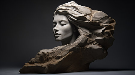a stunning sculpture of a female head, capturing the essence of evocative environmental portraits. this masterpiece, captured with a hasselblad h6d-400c, showcases flowing brushwork and is presented in ultra-high definition (uhd) image quality. the sculpture is crafted with paper and stone, resulting in a breathtakingly beautiful work of art. ai generatedの素材