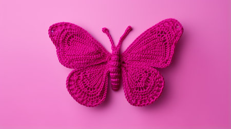 pink knitted butterflies on a pink background stock photo featuring organic sculptures with vibrant and bold patterns. this unique image showcases multiple patterns, creating a visually stunning and eye-catching composition. perfect for adding a touch of whimsy and color to any design project. ai generatedの素材