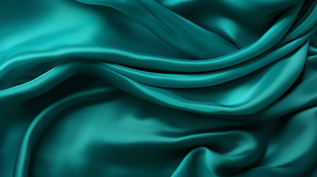 a green colored silk fabric with folds, in the style of dark turquoise and light turquoise. the realistic and detailed rendering showcases the wavy resin sheets, creating an eye-catching detail. the bold color blends and soft, dreamy atmosphere add to its appeal. the glossy finish enhances the overall look of this captivating photo. ai generatedの素材