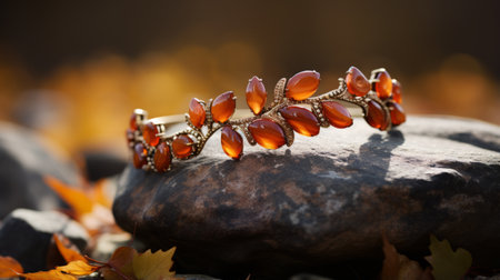 a black and orange jewelry bracelet, with a realistic still life style, is showcased on rocks during the fall season. the dramatic lighting adds depth to the image, captured with a nikon d750 camera. the dark red and light gold colors of the bracelet complement the highly detailed foliage in the background. the fine lines and delicate curves of the bracelet are enhanced by theの素材