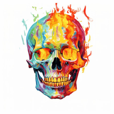 colorful skull tattoo featuring multicolored flames, inspired by psychological phenomena illustrations. this digital art piece combines techniques seen in the works of james bullough and leonid afremov, showcasing a vibrant expressionism style. against a white background, the tattoo showcases a captivating blend of colorful minimalism and vivid expressionism. ai generatedの素材