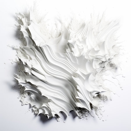 an abstract photograph showcasing a white cloud-like formation created from white material. this unique piece, reminiscent of cinema4d rendering, features a paint dripping technique, wavy lines, and organic shapes. the composition also includes sculptures of destroyed gadgets, bold shadows, marble elements, and textured splashes, adding depth and intrigue to the image. ai generatedの素材