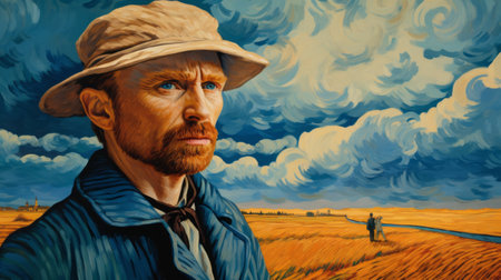 a photo of a powerful and emotive portrait in the style of bay area figurative art by vincent van gogh. the realistic blue skies and vibrant colors of light orange and blue create a cinematic view. this 8k image captures the essence of rural life scenes, showcasing van gogh's talent as a master artist. ai generatedの素材