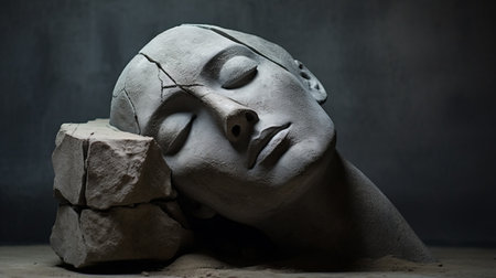 a sculpture featuring a head positioned in front of a backdrop of crushed rocks. this artwork showcases dreamlike portraiture with gentle expressions, haunting shadows, and soft-focus portraits. the human-canvas integration is evident in the photographically detailed portraitures, creating a sense of mysterious beauty. ai generatedの素材