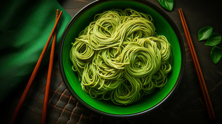 green noodles with chopsticks are elegantly arranged on a dark green plate, creating a visually stunning composition. the multilayered dimensions and darktable processing enhance the photorealistic pastiche of this uhd image. inspired by ink-washed art, the spiral group of noodles adds a captivating element to this timeless depiction. ai generatedの素材