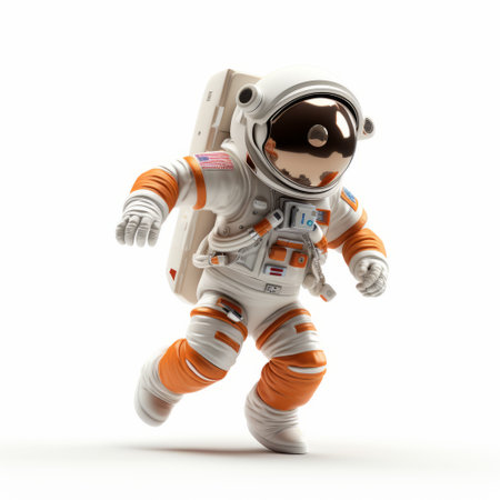 a 3d model of a space astronaut, perfect for art prints and illustrations. this playful character design features a white and orange color scheme, with a realistic and detailed rendering. the astronaut is depicted against a white background, creating a clean and vibrant aesthetic. the high-angle perspective and jump cuts add dynamic energy to the composition. find this captivating image on flickr. ai generatedの素材