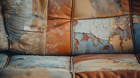 a photo of a vintage furniture piece against weathered painted walls. the furniture showcases muted tonalities and textured fabrics, while the walls display rusty debris and distressed edges. the overall aesthetic reflects an exploration of urban culture, with a combination of light blue and light amber, as well as dark orange and beige hues. ai generatedの素材