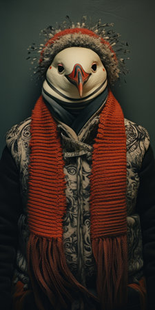 a white coat featuring life-like avian illustrations in dark maroon and orange hues. this contemporary realist portrait photograph showcases the intricate details of the knitted and crocheted design. the dark and brooding designer has incorporated masks and totems, adding an exquisite touch to the overall clothing aesthetic. ai generatedの素材
