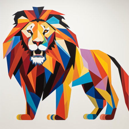 the lion in this photo showcases a vibrant and bold color palette, reminiscent of hard-edge geometric abstraction. its gigantic scale captures the essence of chicago imagists and the artistic influence of calarts. the image is characterized by jarring juxtapositions and explosive wildlife, reflecting the artistic style from 1970 to the present. ai generatedの素材