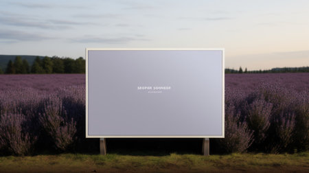 a billboard mockup featuring a lavender field, captured in the serene minimalism style of zeiss otus 85mm f14 apo planar t lens. this mockup is packed with hidden details, showcasing goosepunk elements and playful juxtapositions. the subtle lighting adds to the tranquil gardenscapes, creating a visually captivating scene. ai generatedの素材