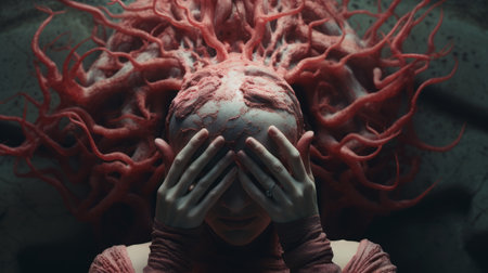 a photo featuring a coral old creature in shock, with hands on top of its head. the image is in the style of hyper-realistic sci-fi, created by alessio albi using bryce 3d software. the photo has minimal retouching, giving it a grainy and tenebrous appearance. the bold and dynamic lines add to the overall impact of the image. created by andrew ferez. ai generatedの素材