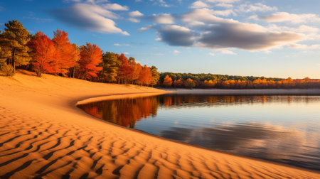 a serene lake surrounded by mahogany trees in full autumn splendor, reflecting vibrant colors on the calm water's surface. this tranquil scene evokes serenity and appreciation for the beauty of nature during the fall season. shot during golden hour, the image showcases soft, warm light illuminating the dune. ai generatedの素材